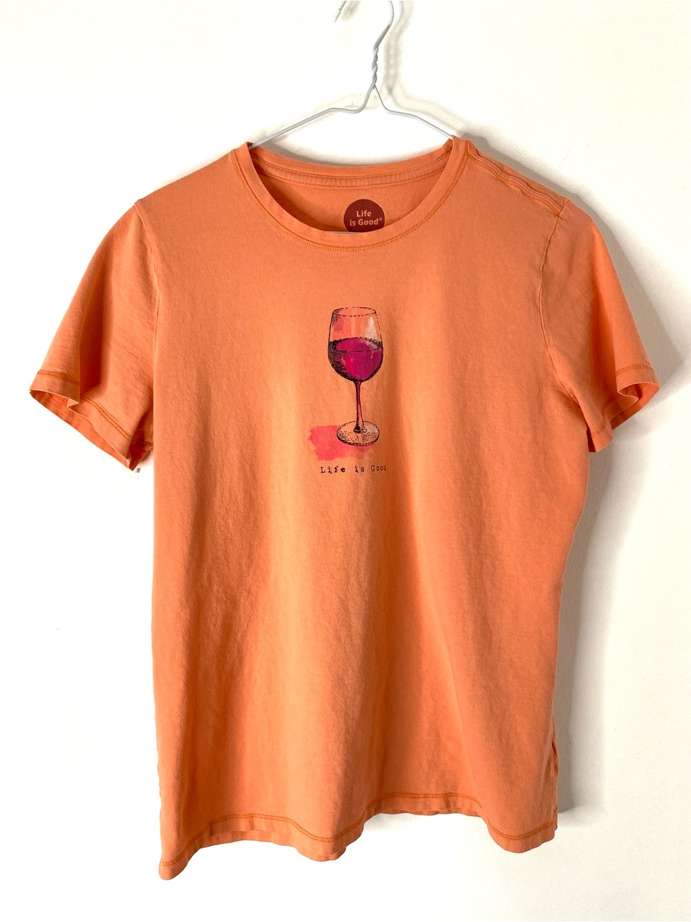 Life Is Good Wine Glass Graphic Tee Peach Orange Cotton Classic Fit